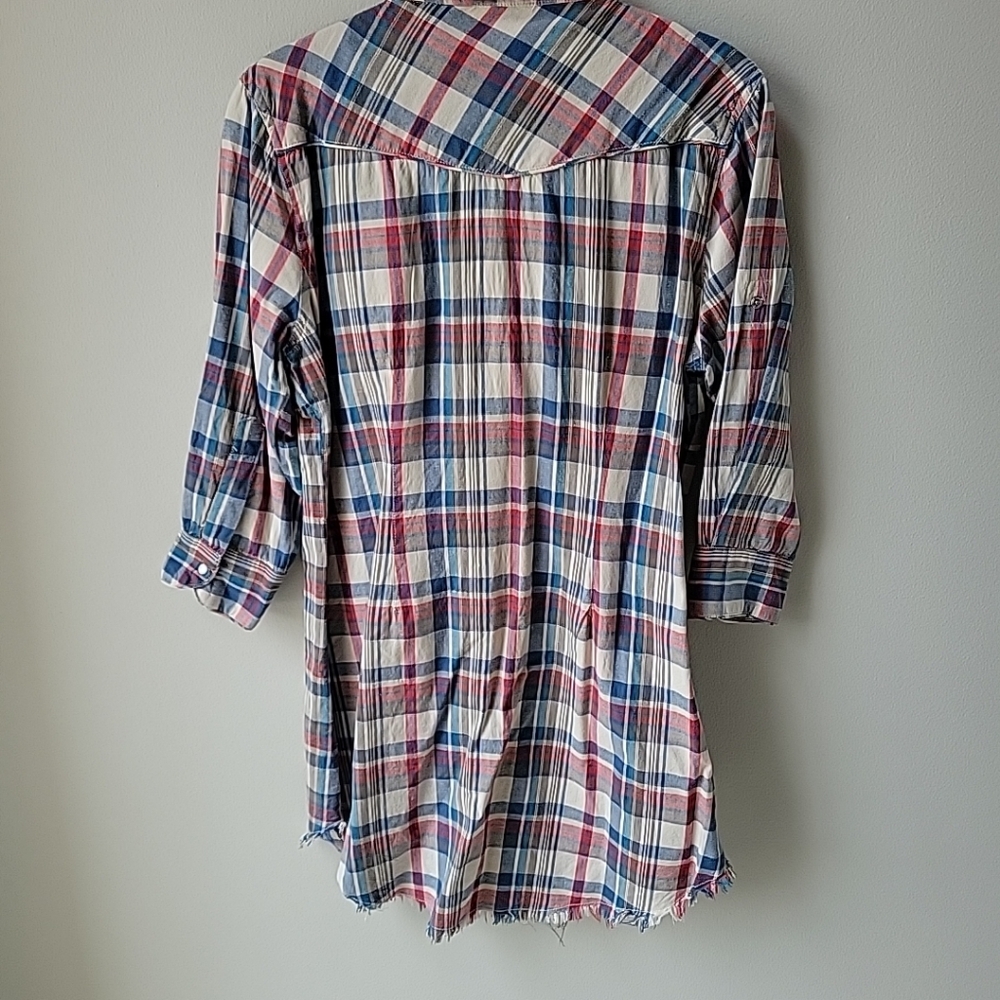 Alessandro Miele Womens Medium Plaid Shirt Dress 3/4 Sleeves Frayed Curved Hem - Picture 10 of 12